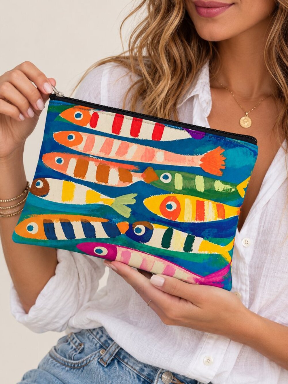 Colorful Abstract Fish Print Makeup Bag Coastal Folk Art Nautical Cosmetic Pouch